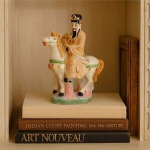 Caishen 1960s Chinese God of Wealth Porcelain Figurine on Horseback Statue